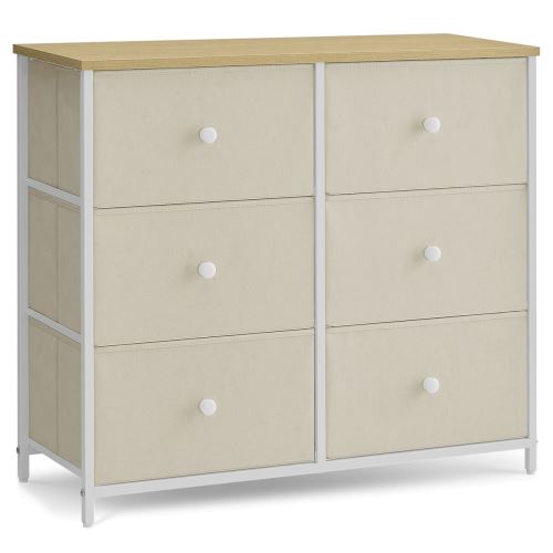 Komoda AUK-E1033 WT kov bílý lak, MDF deska, dezén dub, textilní zásuvky béžové
