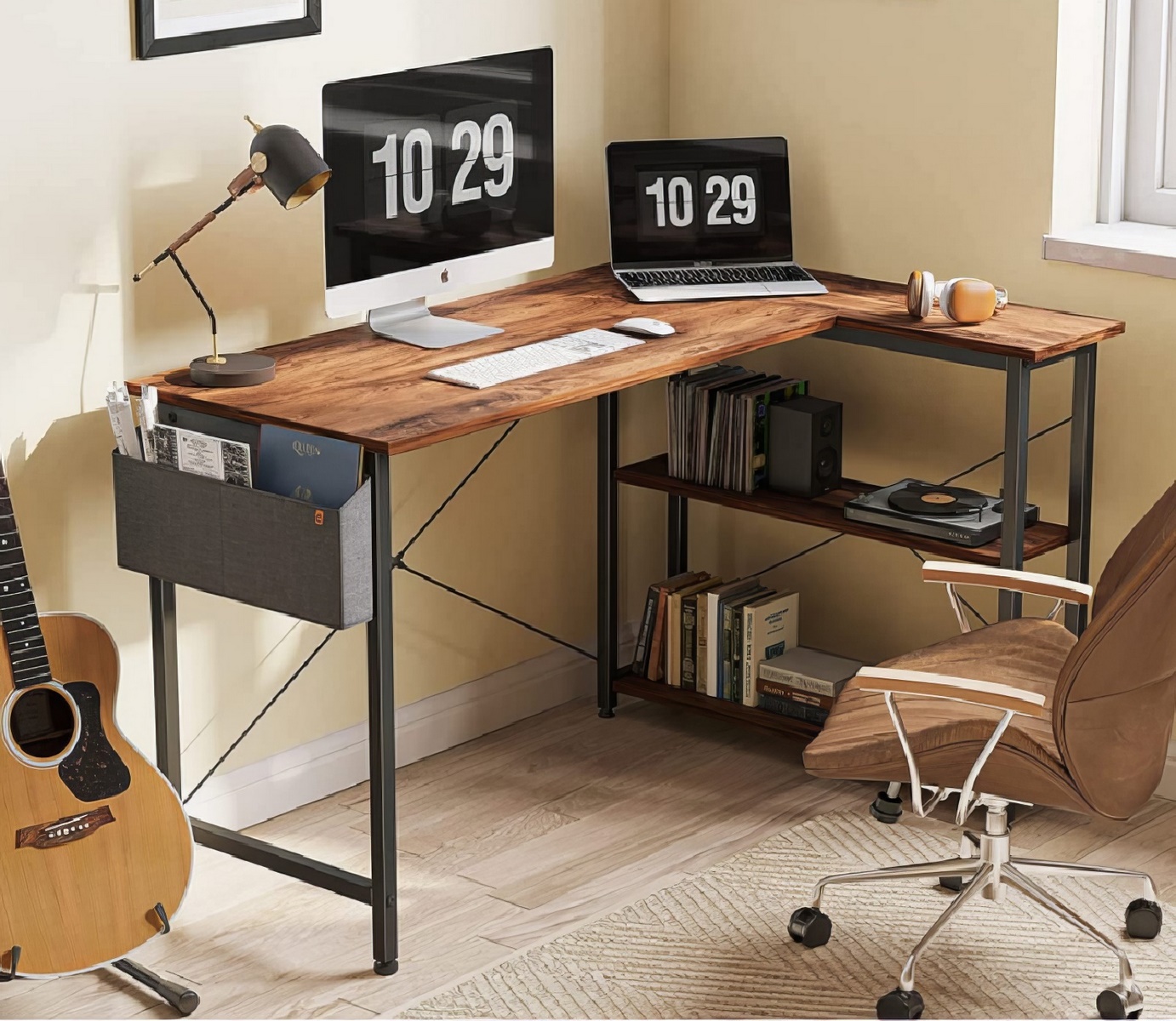 Rohový psací stůl CTIRAD 102x70 cm, dub artisan, kov černý lak mat