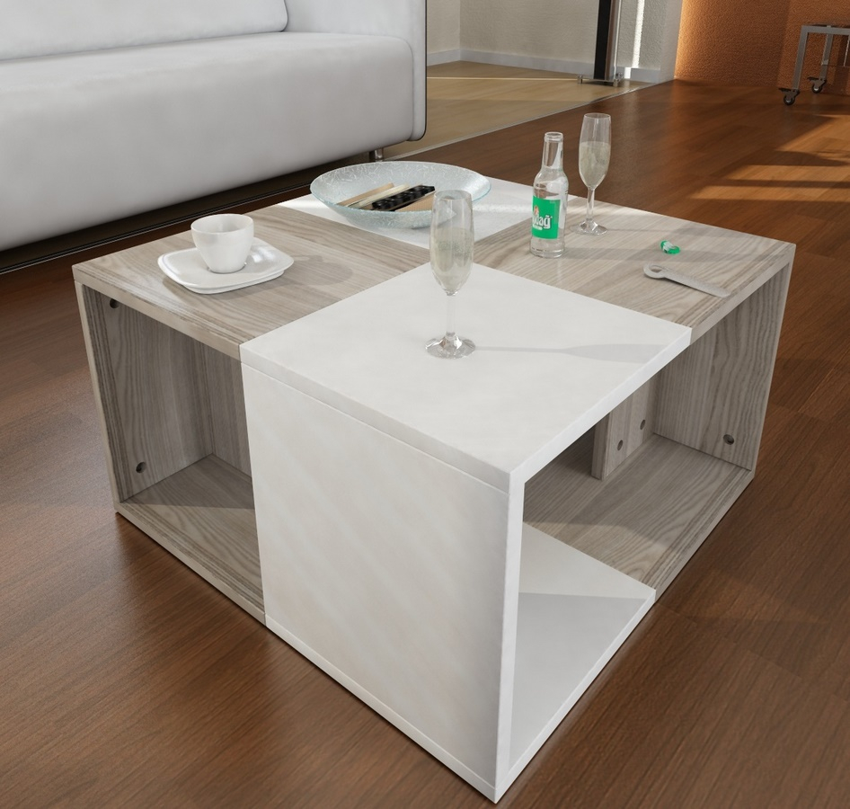 Modulový konferenční stolek FROG 59x59 cm, matná bílá a dub cordoba