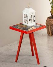 Odkládací příruční stolek RYAN 32x32 cm, masiv borovice, barva červená, keramická deska