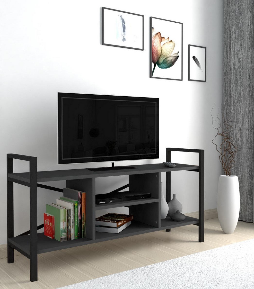 Televizní stolek KEPLER 120x35 cm, lamino antracit, kov černý matný lak