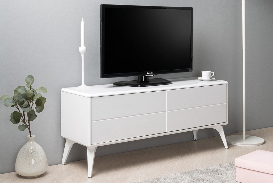 Televizní stolek SCOPE 109 cm, lamino matná bílá, MDF dvířka bílá lesk