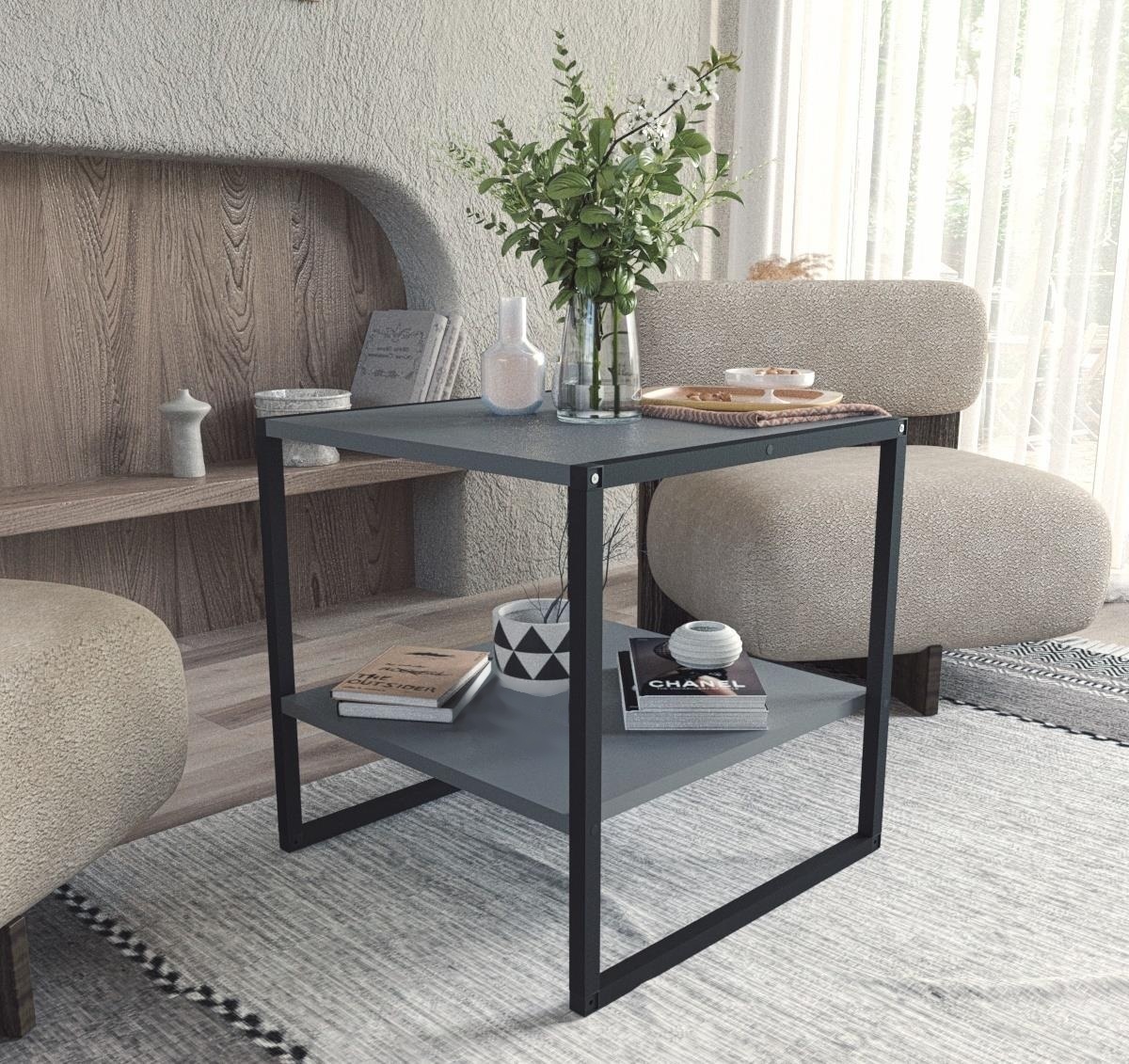 Konferenční stolek MAYER 50x50 cm, lamino antracit, kov černý matný lak