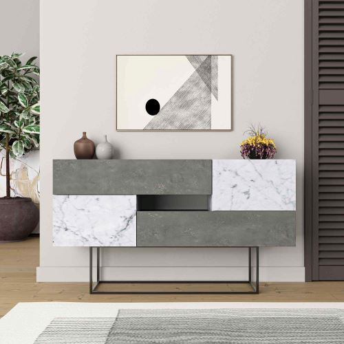 Konzolový stolek ELARA 145 cm, retro šedá a bílá Carrara, kov černý lak