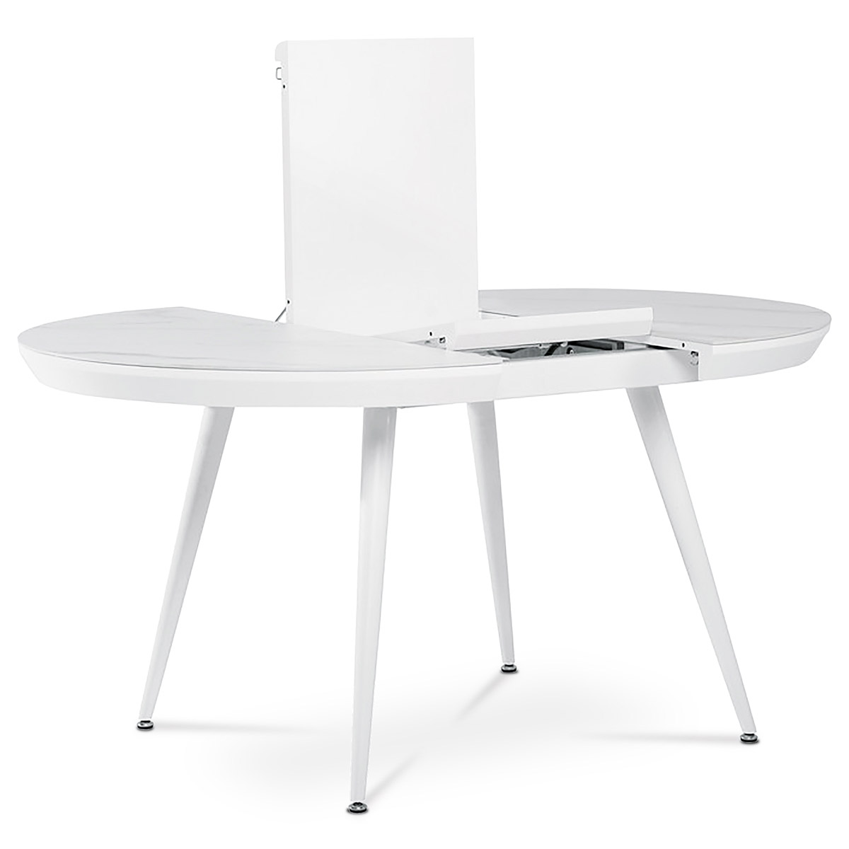 Jídelní stůl HT-409M WT pr.110+40 cm, keramická deska bílý mramor, MDF, nohy kov bílý mat