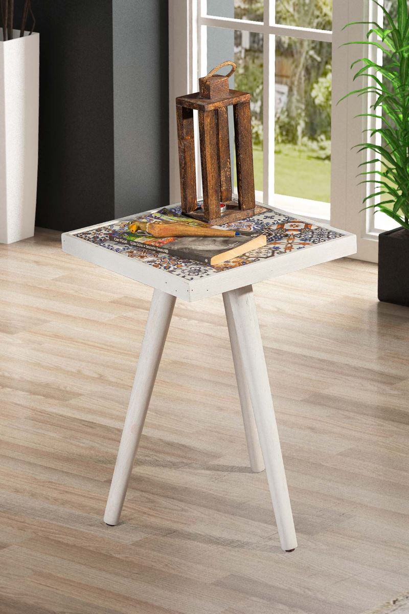 Odkládací příruční stolek RYAN 32x32 cm, masiv borovice, barva bílá, keramická deska