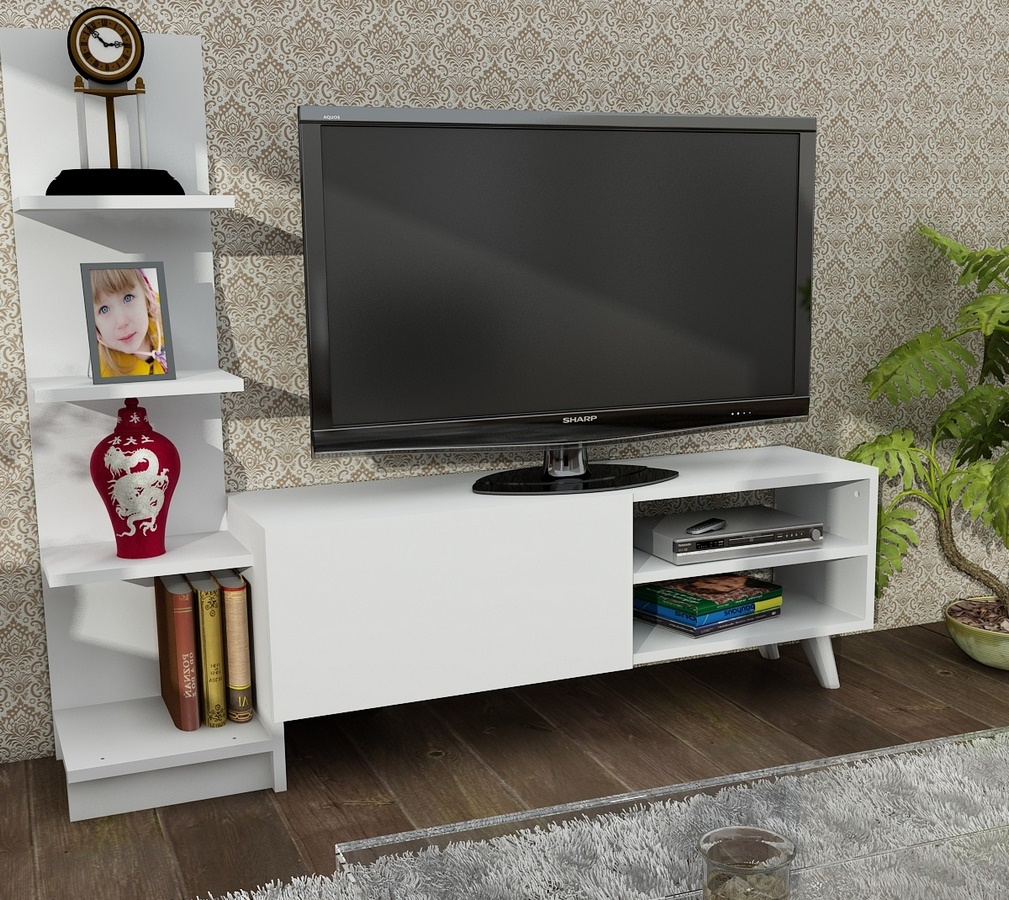 Televizní stolek s regálem HINIS 140 cm, lamino matná bílá