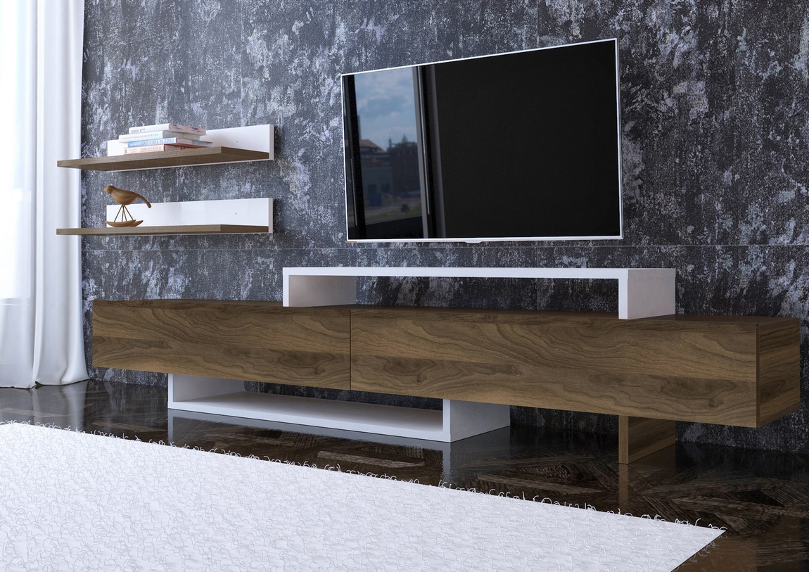 Televizní stolek LISMORE 180 cm, lamino vlašský ořech a matná bílá