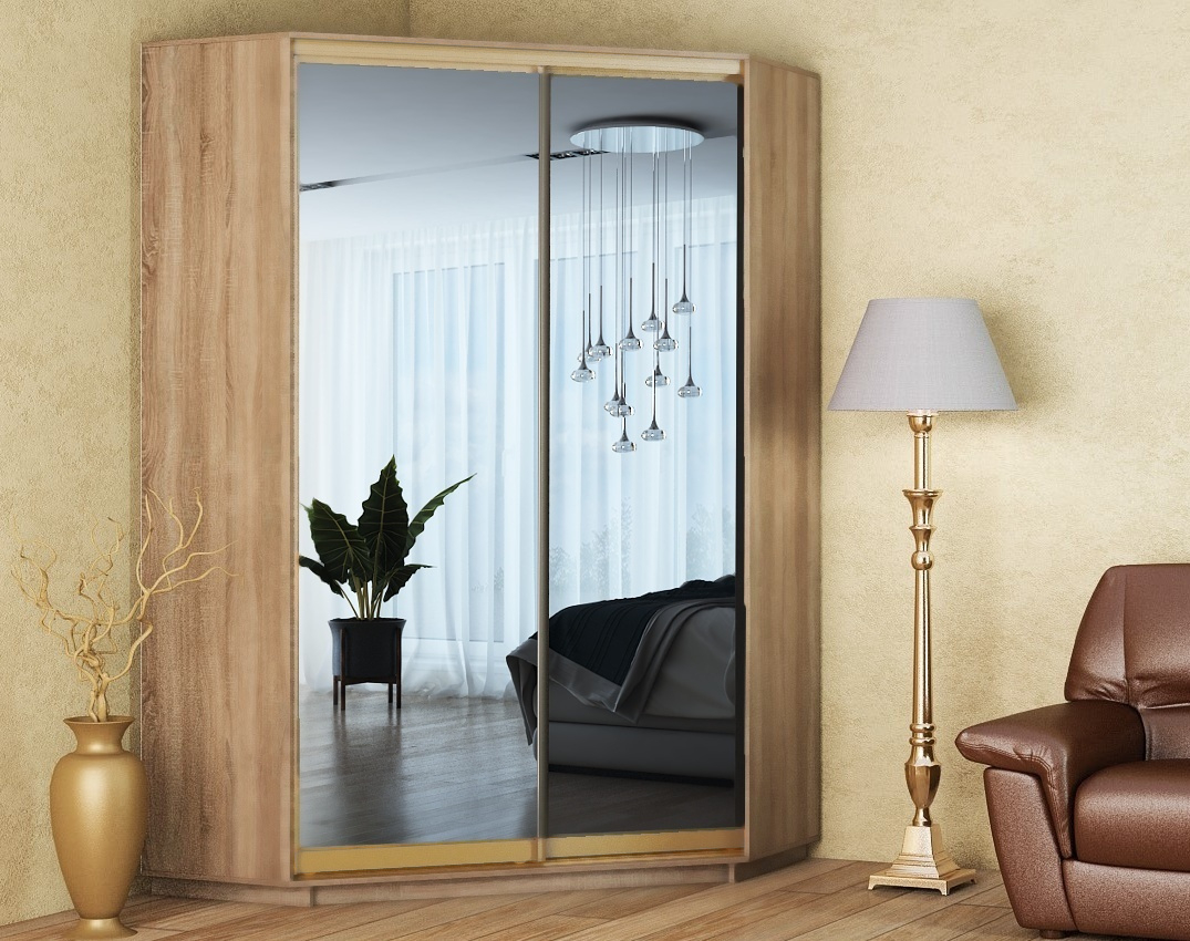 Šatní skříň rohová CORA 140/220 cm, dub sonoma a zrcadlo