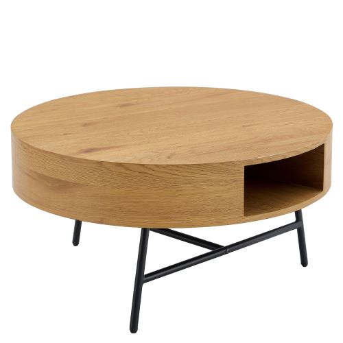 Konferenční stolek TARMON průměr 80 cm, MDF foliovaná, dezén dub, kov černý lak