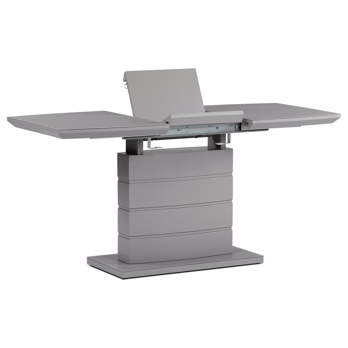 Jídelní stůl HT-420 GREY, rozkládací 110+40x70 cm, šedé sklo a MDF šedý matný lak