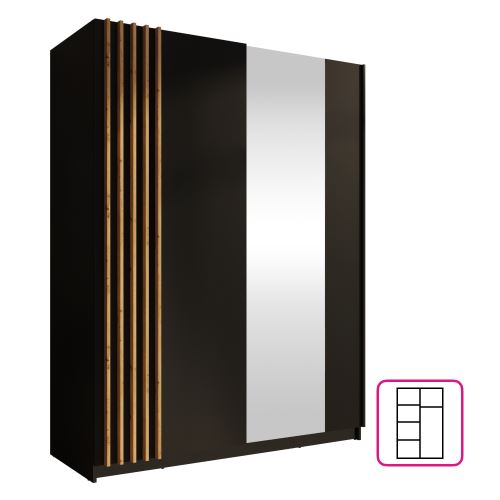 Skříň 2D BAJADERO TYP 1, šířka 150 cm, matná černá a dub artisan, zrcadlo