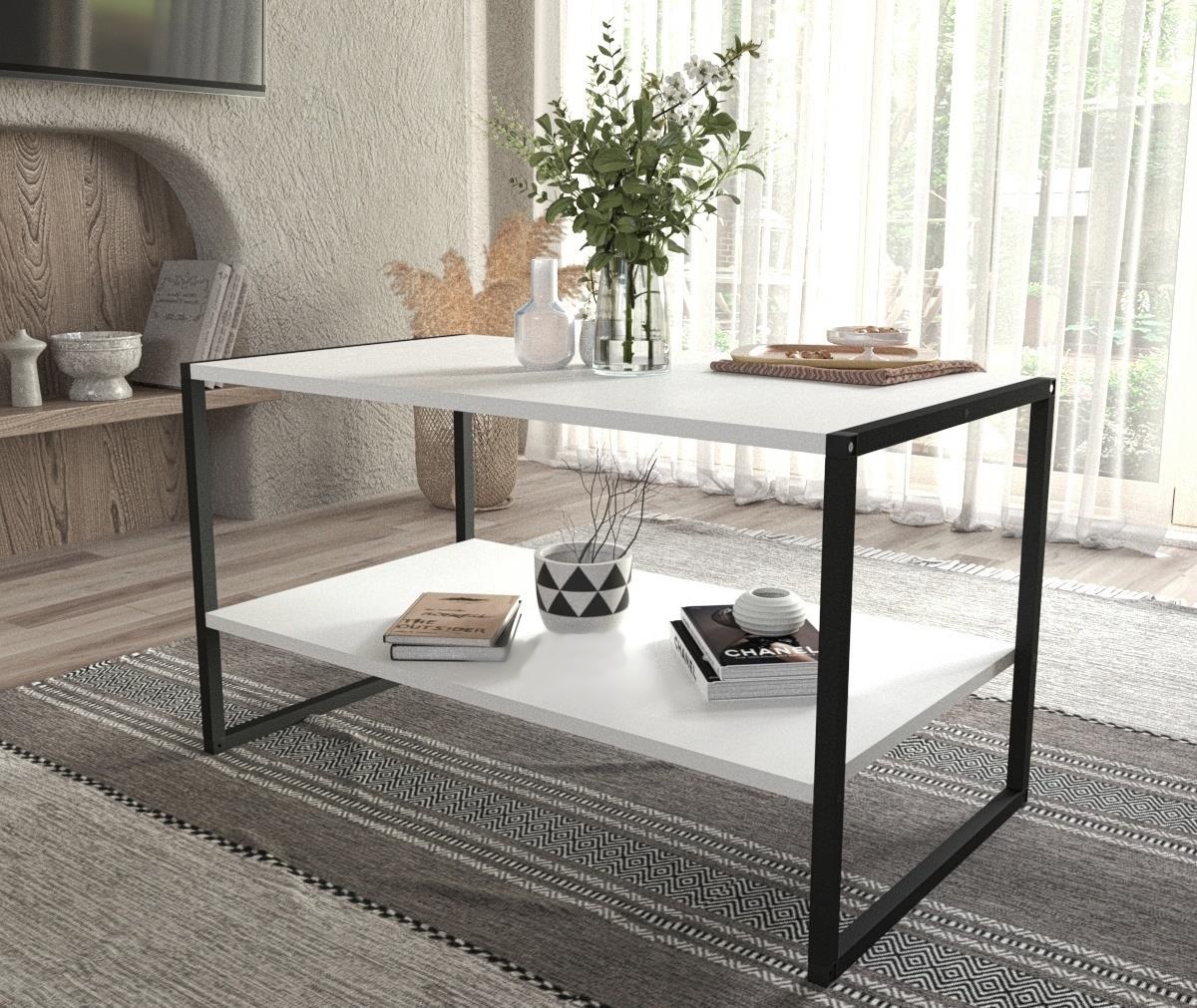 Konferenční stolek MAYER 90x50 cm, lamino matná bílá, kov černý matný lak