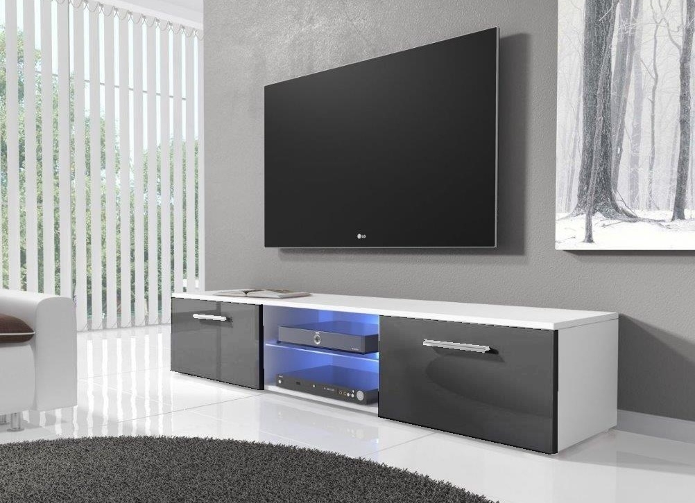 TV stolek RTV 03 s LED osvětlením, š.150 cm, lamino matná bílá a šedý lesk