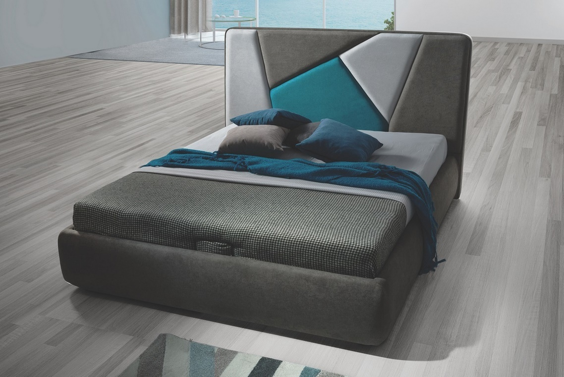 Čalouněná postel GROSIO 160x200 cm, úložný prostor, látka hnědá, šedá a tyrkysová
