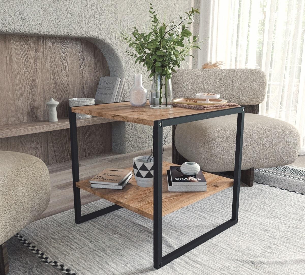 Konferenční stolek MAYER 50x50 cm, lamino borovice, kov černý matný lak