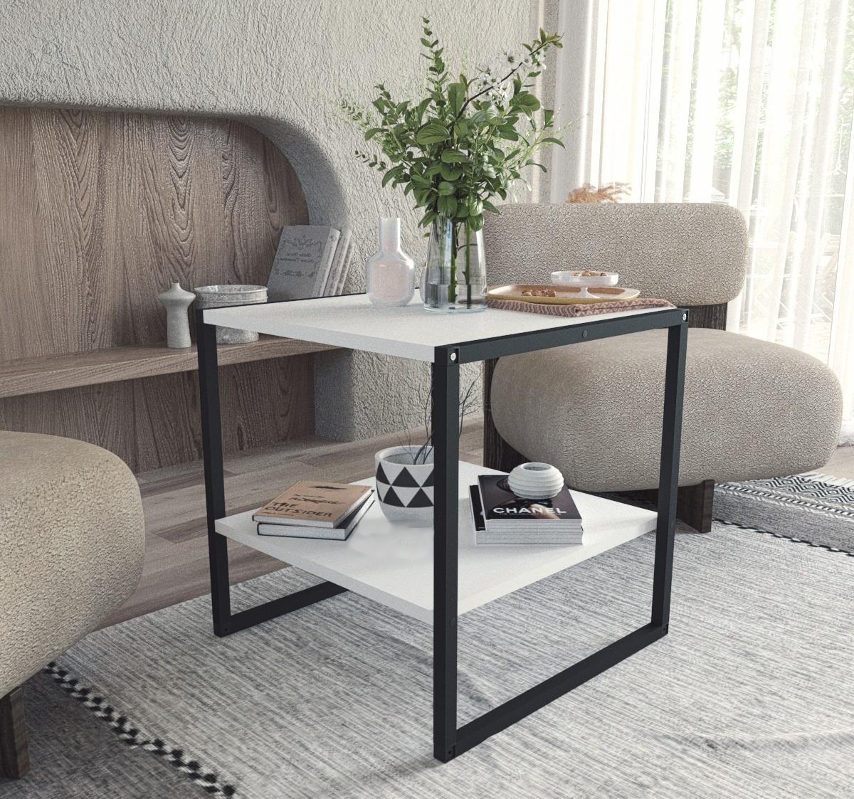 Konferenční stolek MAYER 50x50 cm, lamino matná bílá, kov černý matný lak