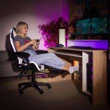 Kancelářské herní křeslo JOVELA s RGB LED podsvícením, ekokůže černá a bílá, plast černý