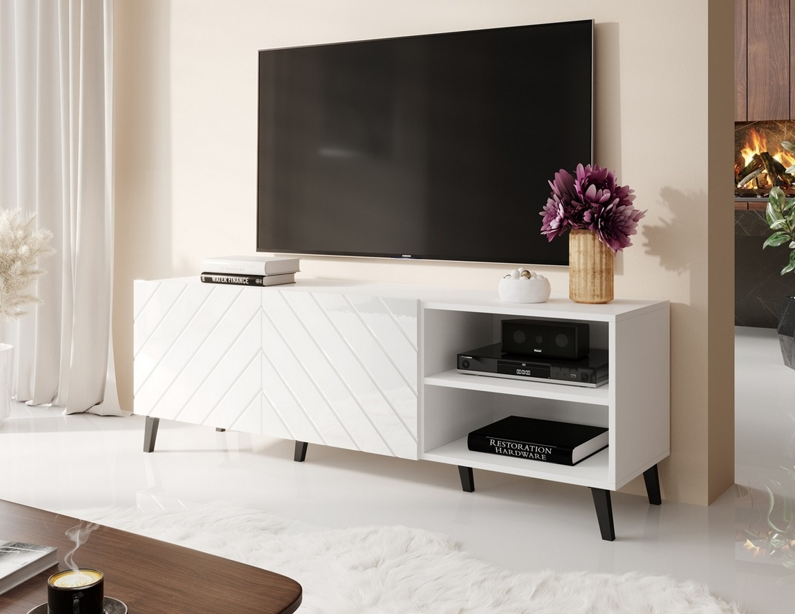 Televizní stolek TISSA 150 cm, lamino bílá mat, dvířka MDF bílá lesk
