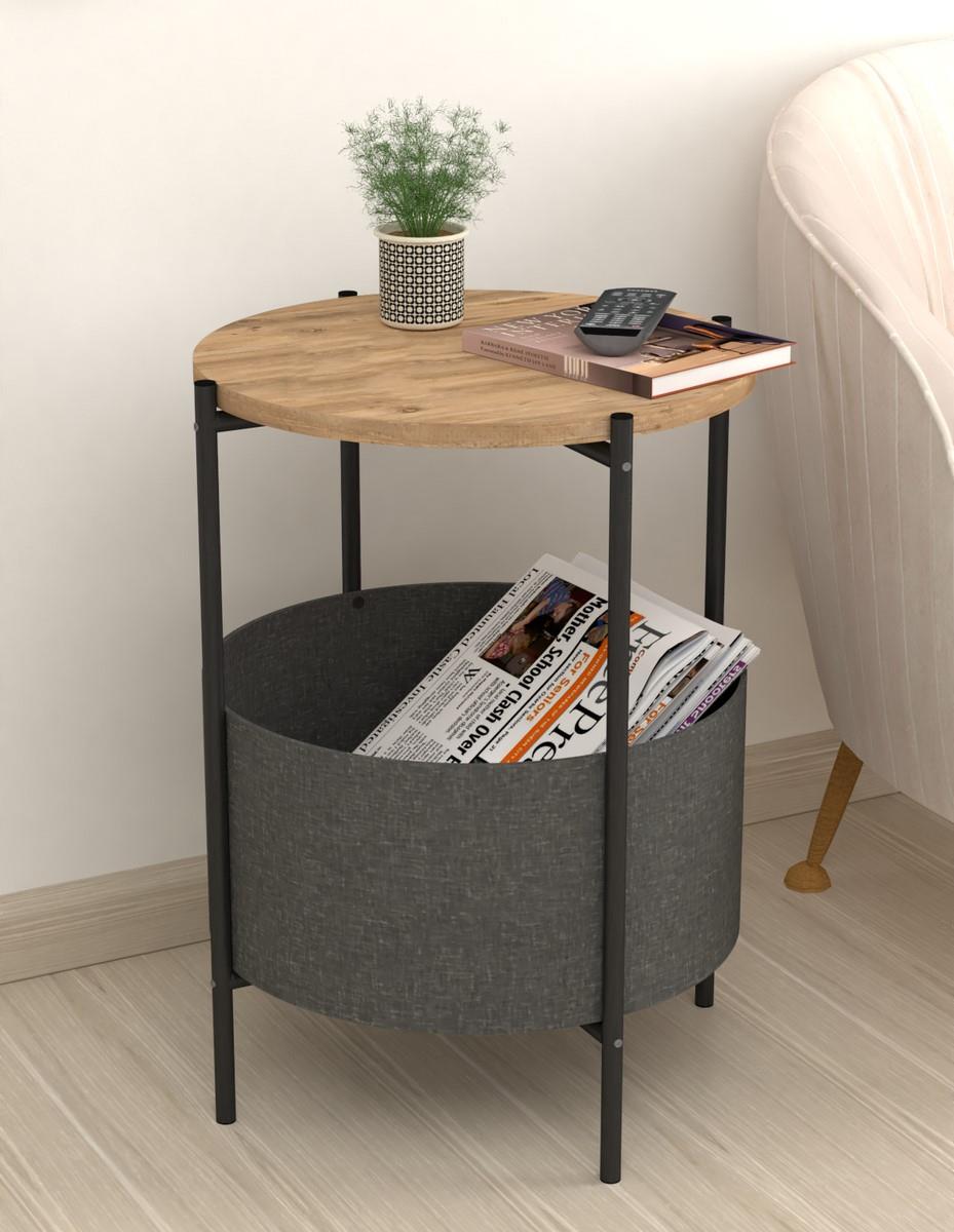 Odkládací příruční stolek JUDITH průměr 43 cm, lamino borovice, kov černý matný lak