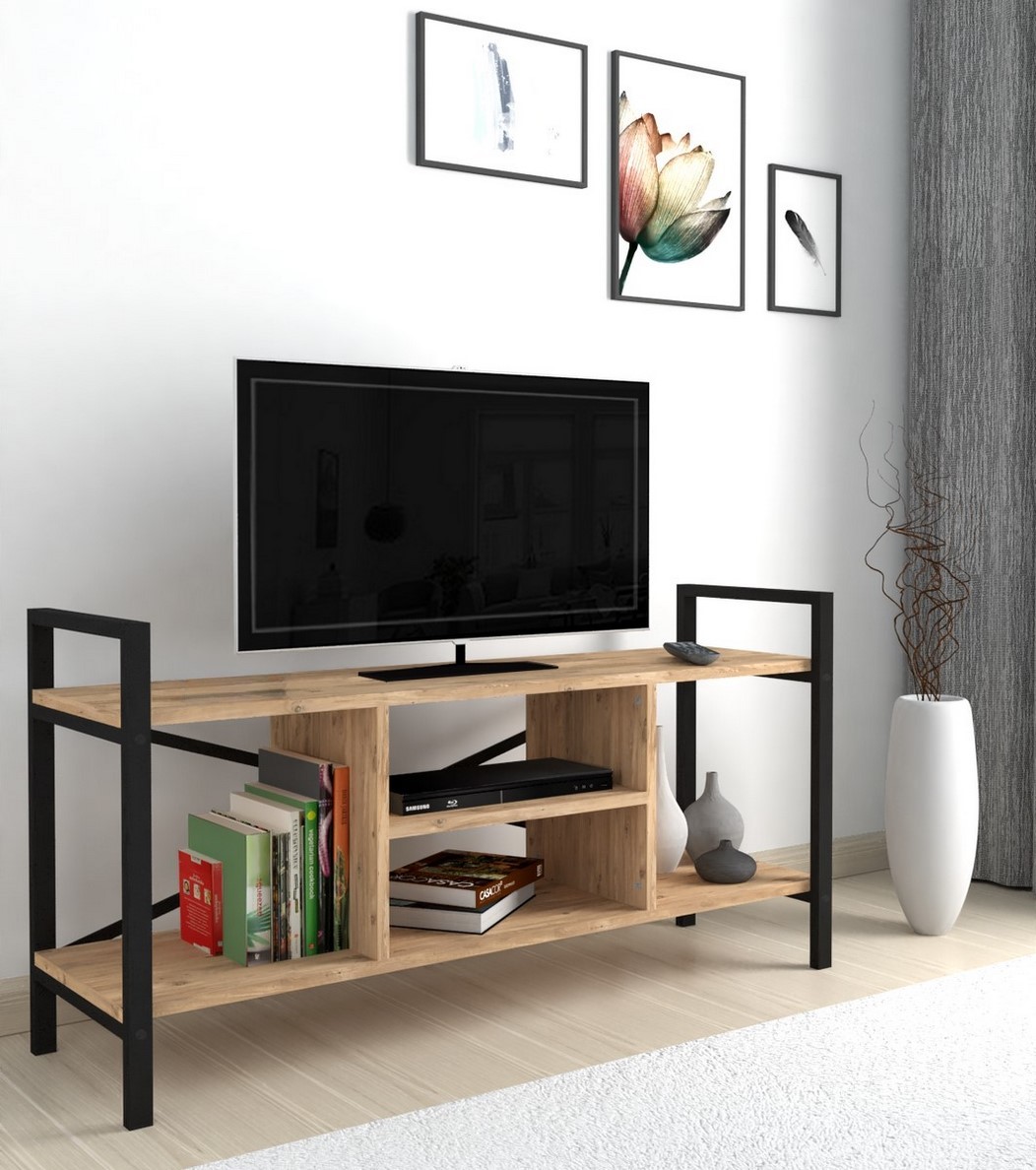 Televizní stolek KEPLER 120x35 cm, lamino borovice, kov černý matný lak