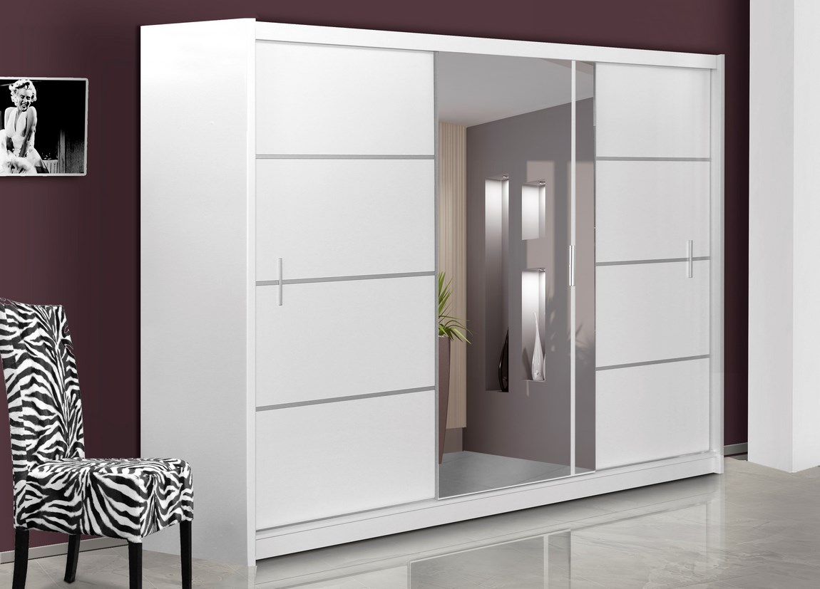 Šatní skříň s posuvnými dveřmi SANDINO 250 cm, matná bílá a zrcadlo