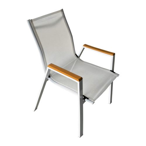 Zahradní stohovatelná židle BONTO ocel bílý lak, umělá textilie světle šedá, polywood dub