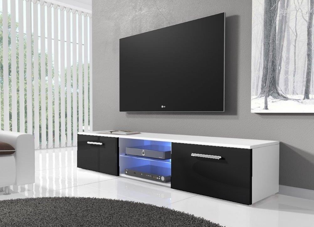 TV stolek RTV 03 s LED osvětlením, š.150 cm, lamino matná bílá a černý lesk