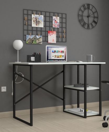 Psací stůl IRVING s policemi 120x60 cm, lamino matná bílá, kov černý matný lak