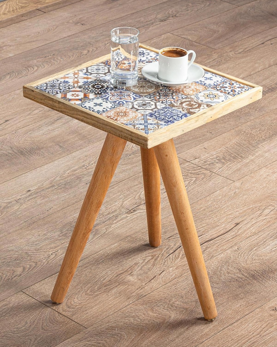 Odkládací příruční stolek RYAN 32x32 cm, masiv borovice, barva natural, keramická deska