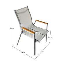 Zahradní stohovatelná židle BONTO ocel bílý lak, umělá textilie světle šedá, polywood dub