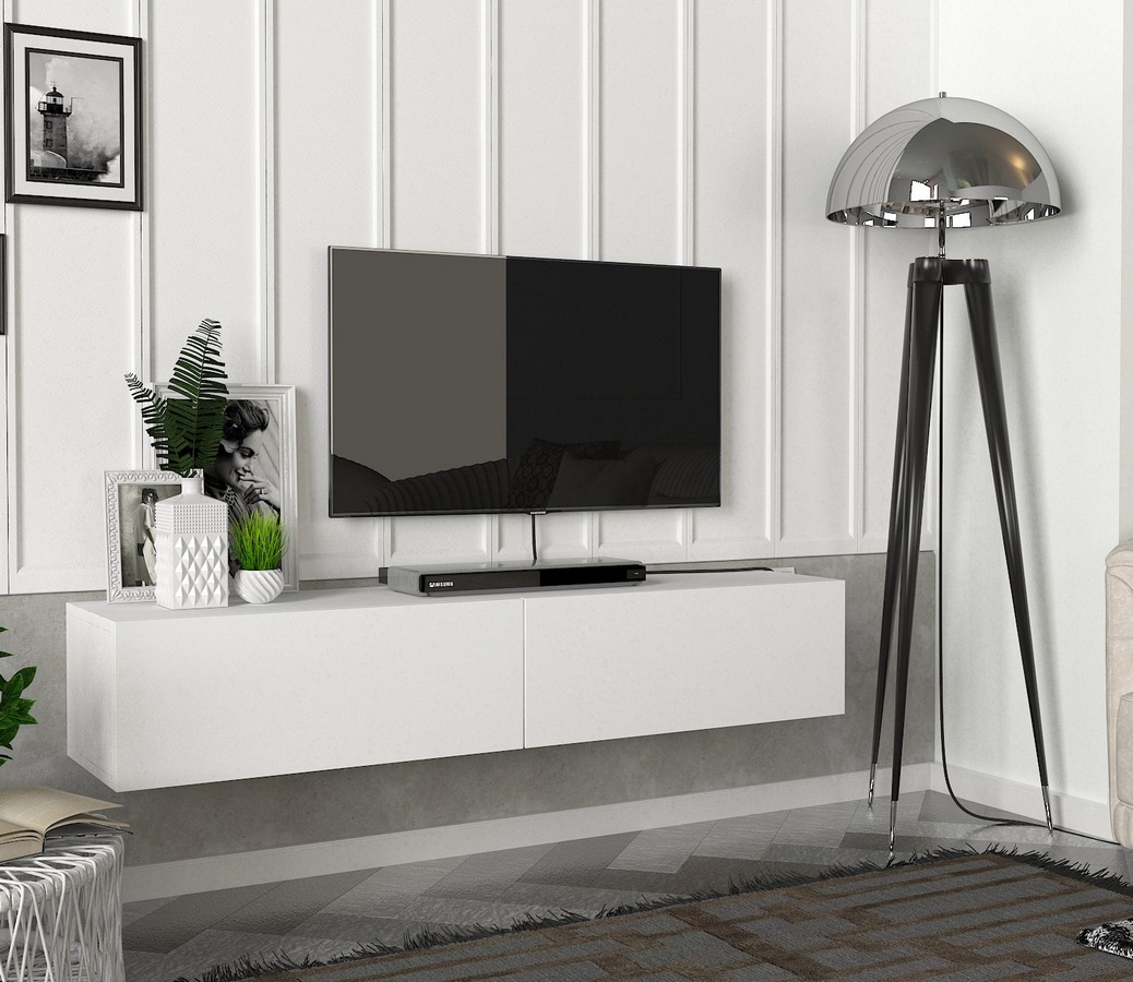 Závěsný televizní stolek ARIX 135 cm, lamino matná bílá