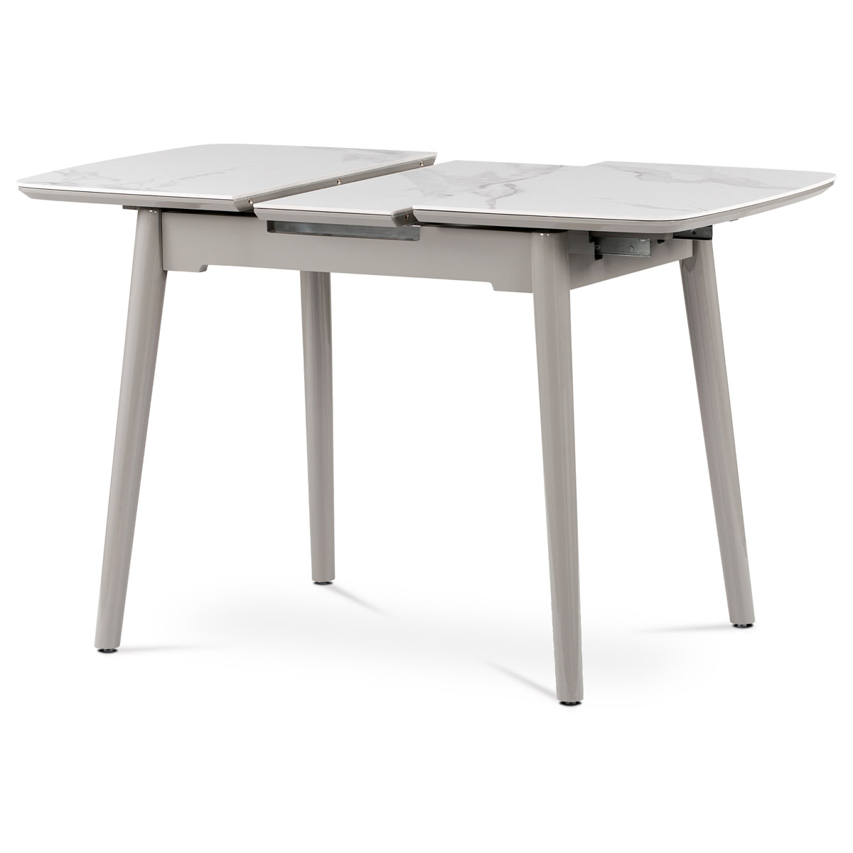 Jídelní stůl HT-401M WT 110+30x75 cm, keramická deska bílý mramor, masiv, šedý vysoký lesk