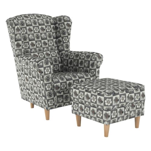 Křeslo ušák ASTRID s taburetem, látka patchwork N1