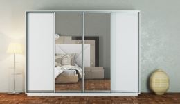 Šatní skříň s posuvnými dveřmi GAMMA II 300 cm, matná bílá a zrcadlo