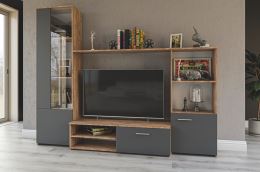 Obývací stěna JUKA 220 cm, šedý grafit a dub craft tabaco