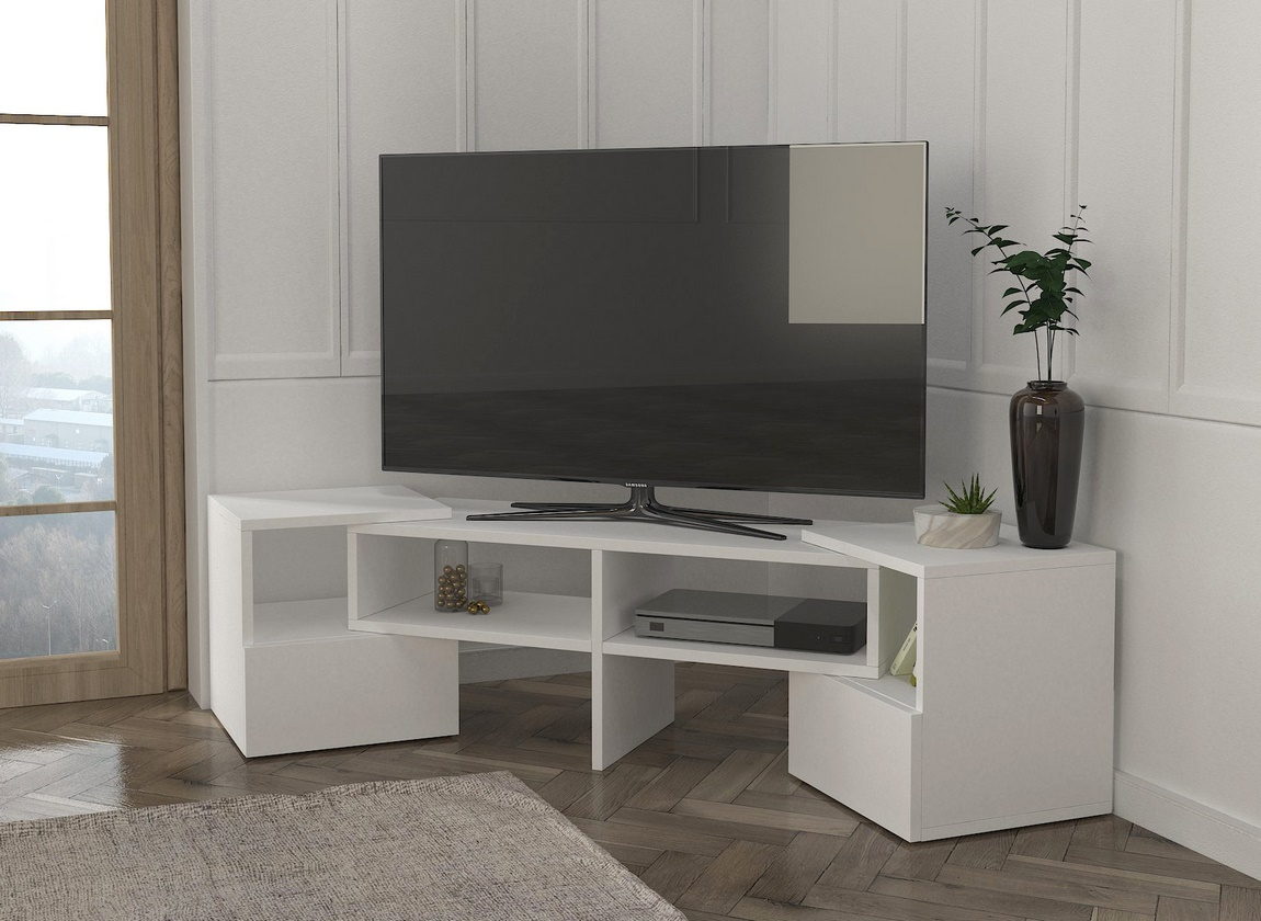 Televizní stolek TARTU 141 cm, nastavitelný rovný nebo rohový, matná bílá