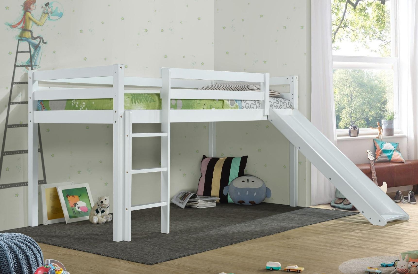 Dřevěná patrová postel se skluzavkou SLIDE 90x200 cm, barva matná bílá