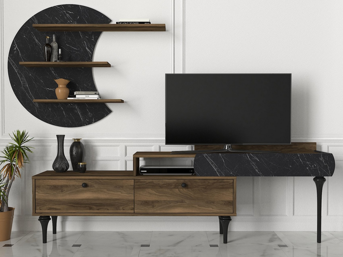 Televizní stolek s policí CAMUS 181 cm, lamino vlašský ořech a černý mramor marble