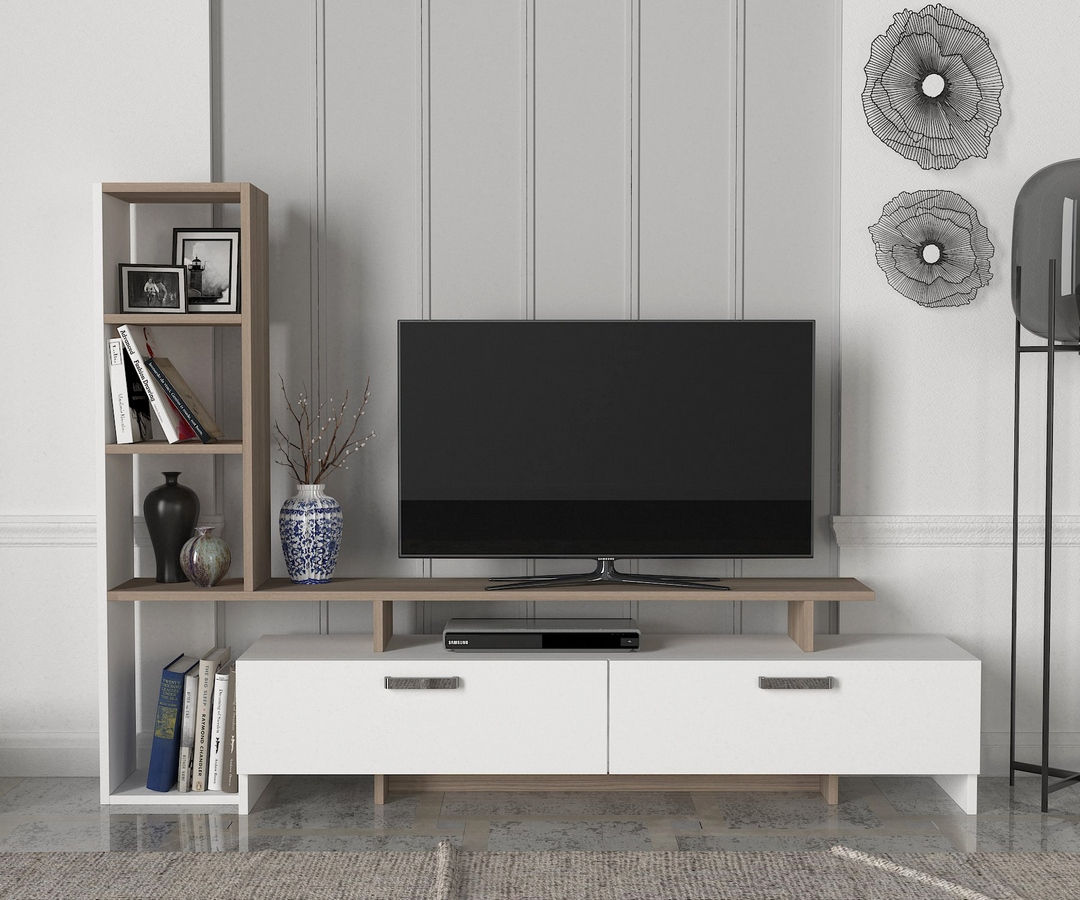 Televizní stolek s regálem SHENDI 168 cm, lamino matná bílá a cordoba
