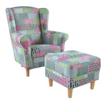Křeslo ušák ASTRID s taburetem, látka patchwork M1
