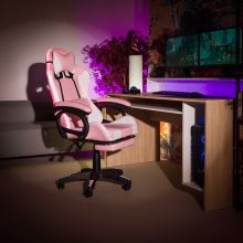 Kancelářské herní křeslo JOVELA s RGB LED podsvícením, ekokůže růžová a bílá, plast černý
