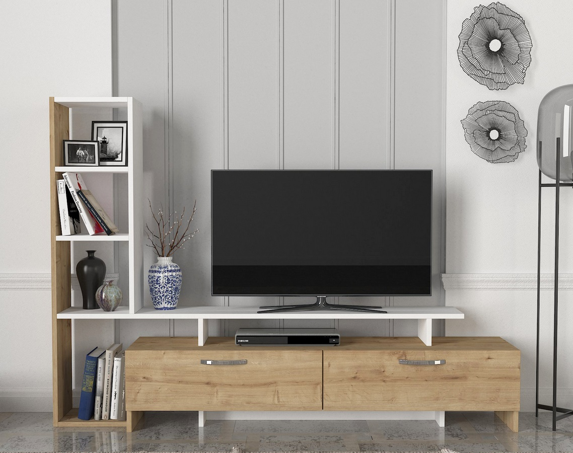 Televizní stolek s regálem SHENDI 168 cm, lamino sapphire a matná bílá