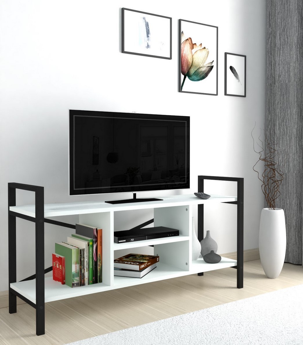 Televizní stolek KEPLER 120x35 cm, lamino matná bílá, kov černý matný lak