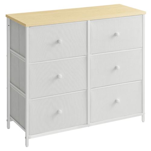 Komoda AUK-E1032 WT kov bílý lak, MDF deska, dezén dub, textilní zásuvky světlé