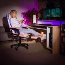 Kancelářské herní křeslo JOVELA s RGB LED podsvícením, ekokůže růžová a bílá, plast černý