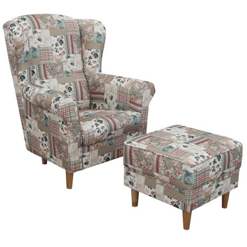 Křeslo ušák ASTRID s taburetem, látka patchwork Viorica 1
