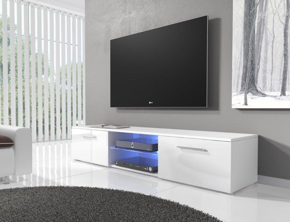 TV stolek RTV 03 s LED osvětlením, š.150 cm, lamino matná bílá a bílý lesk